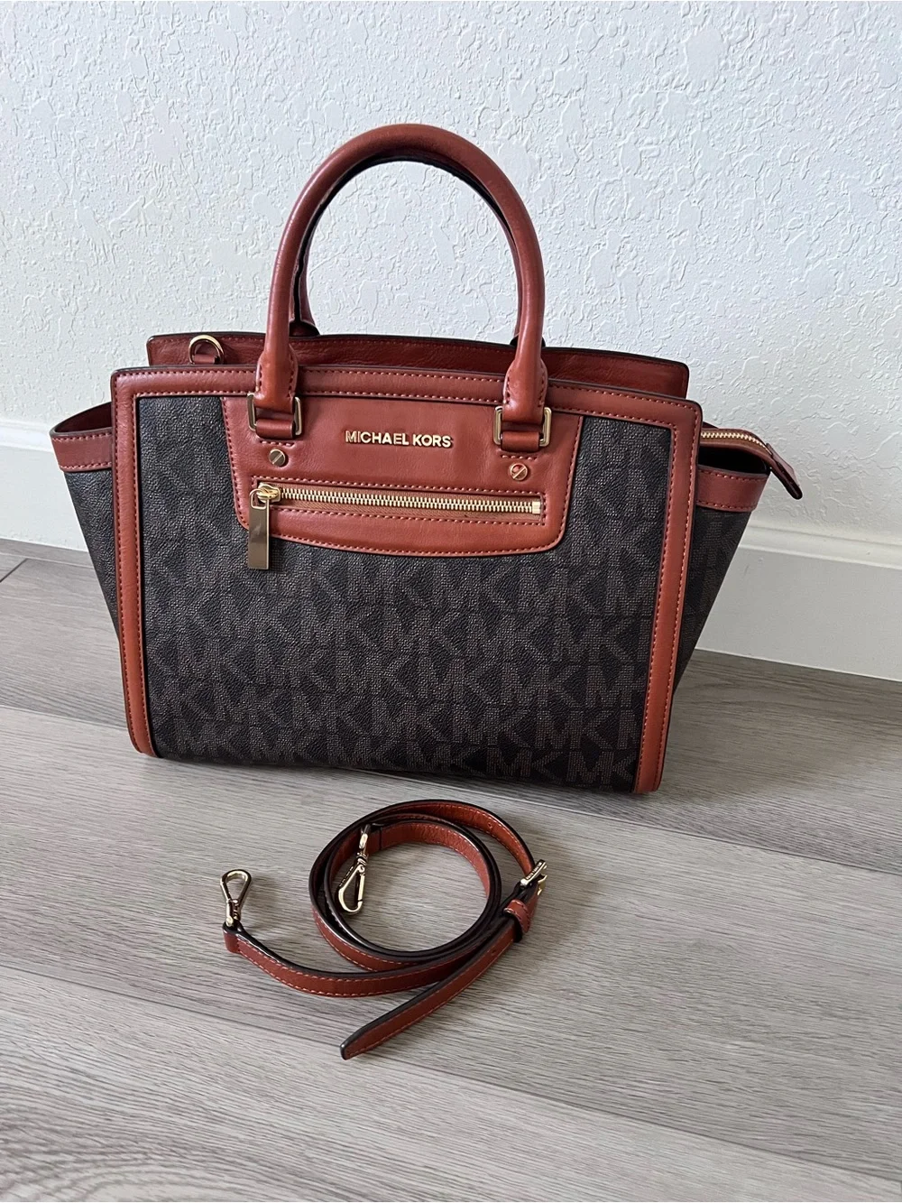 Michael Kors Signature MK Monogram Satchel Crossbody Bag Brown Luggage